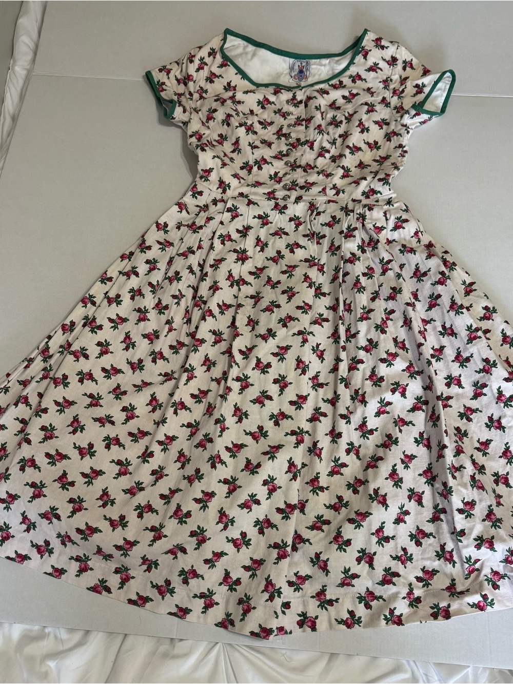 White Floral Fit-and-Flare Dress with Green Trim